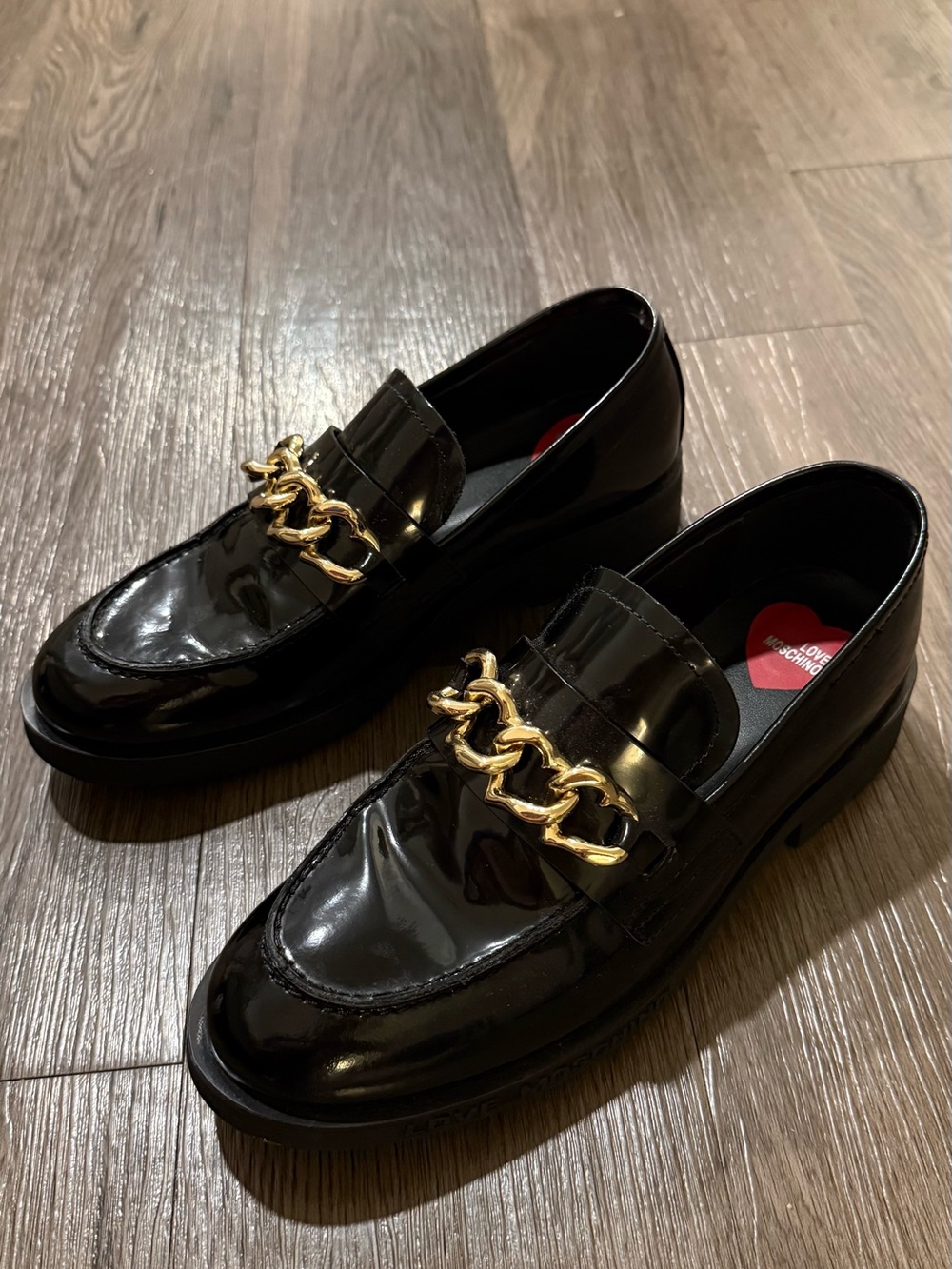 Love Moschino Black Patent Loafers with Gold Chain Trim. Never worn!